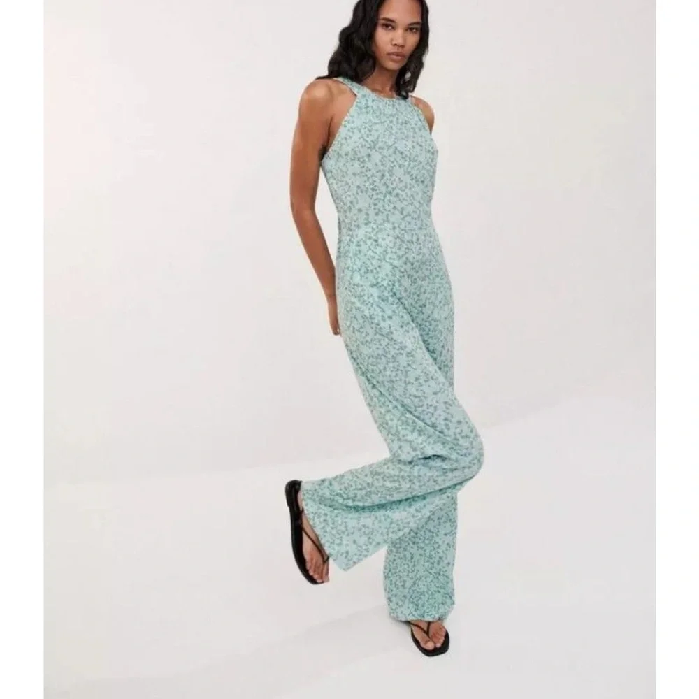 ZARA NECKHOLDER OVERALL LINEN BLEND FLORAL FLOWERS GREEN JUMPSUIT Size XS